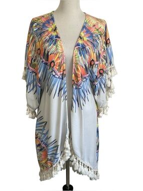 Judith March Womens Printed Kimono Coverup Sz Small Multicolor Tassel Boho